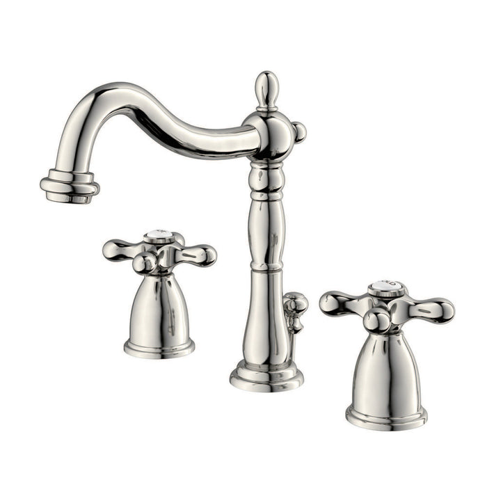 Heritage KB1976AX Two-Handle 3-Hole Deck Mount Widespread Bathroom Faucet with Brass Pop-Up Drain, Polished Nickel