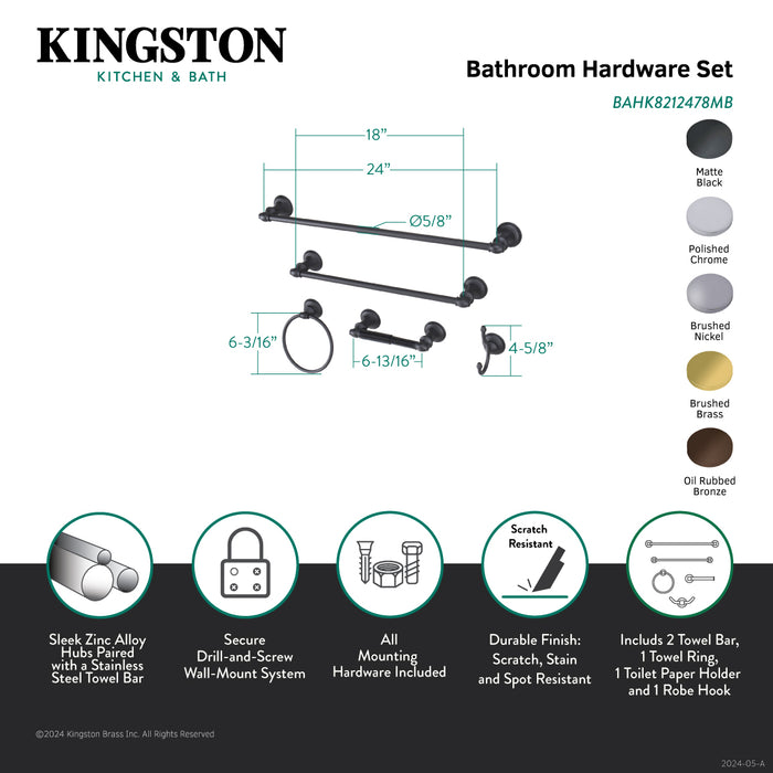 Continental BAHK8212478MB 5-Piece 18-Inch and 24-Inch Towel Bars Bathroom Accessory Set, Matte Black