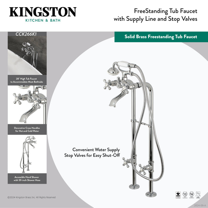 Kingston CCK266K1 Three-Handle 2-Hole Freestanding Tub Faucet with Supply Line and Stop Valve, Polished Chrome