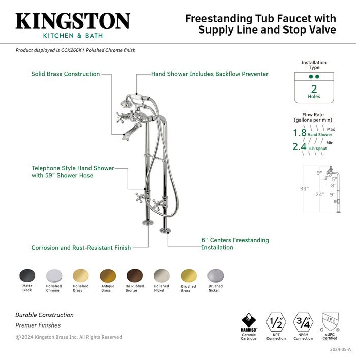 Kingston CCK266K1 Three-Handle 2-Hole Freestanding Tub Faucet with Supply Line and Stop Valve, Polished Chrome