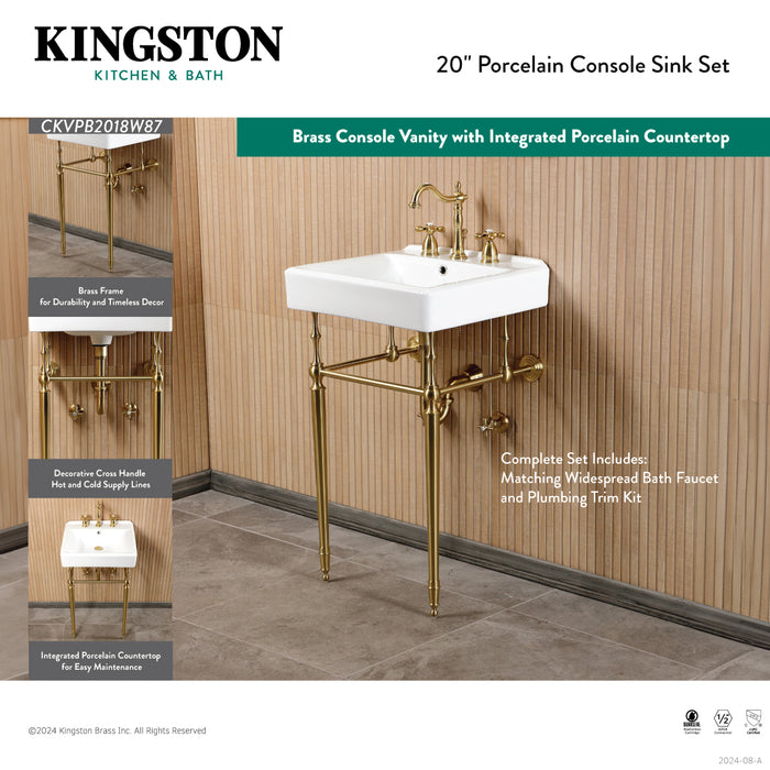 Edwardian CKVPB2018W87 20-Inch Porcelain Console Sink Set with Widespread Bathroom Faucet and Plumbing Trim Kit (8-Inch, 3-Hole), White/Brushed Brass