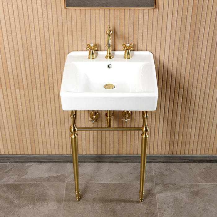 Edwardian CKVPB2018W87 20-Inch Porcelain Console Sink Set with Widespread Bathroom Faucet and Plumbing Trim Kit (8-Inch, 3-Hole), White/Brushed Brass