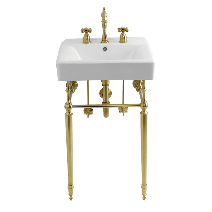 Edwardian CKVPB2018W87 20-Inch Porcelain Console Sink Set with Widespread Bathroom Faucet and Plumbing Trim Kit (8-Inch, 3-Hole), White/Brushed Brass