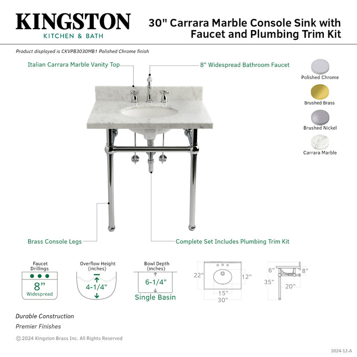 Templeton CKVPB3030MB1 30-Inch Carrara Marble Console Sink Set with Widespread Bathroom Faucet and Plumbing Trim Kit (8-Inch, 3-Hole), Carrara Marble White/Polished Chrome