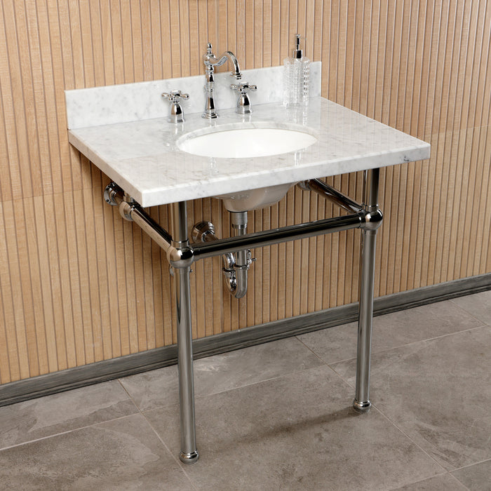 Templeton CKVPB3030MB1 30-Inch Carrara Marble Console Sink Set with Widespread Bathroom Faucet and Plumbing Trim Kit (8-Inch, 3-Hole), Carrara Marble White/Polished Chrome