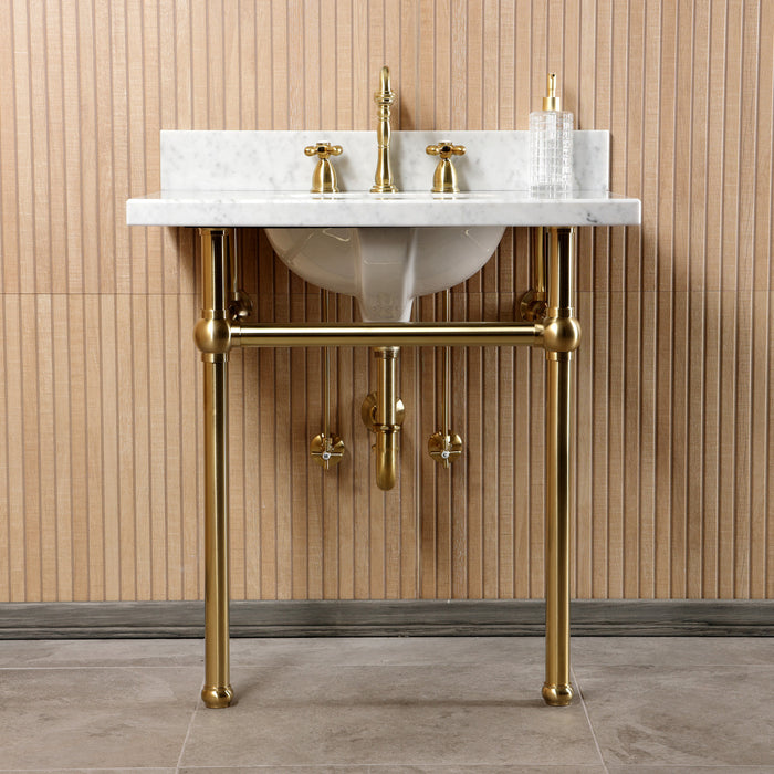 Templeton CKVPB3030MB7 30-Inch Carrara Marble Console Sink Set with Widespread Bathroom Faucet and Plumbing Trim Kit (8-Inch, 3-Hole), Carrara Marble White/Brushed Brass