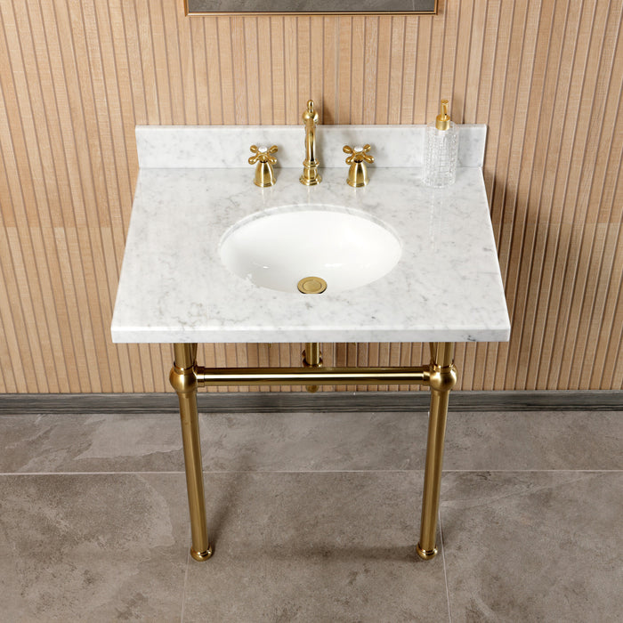 Templeton CKVPB3030MB7 30-Inch Carrara Marble Console Sink Set with Widespread Bathroom Faucet and Plumbing Trim Kit (8-Inch, 3-Hole), Carrara Marble White/Brushed Brass