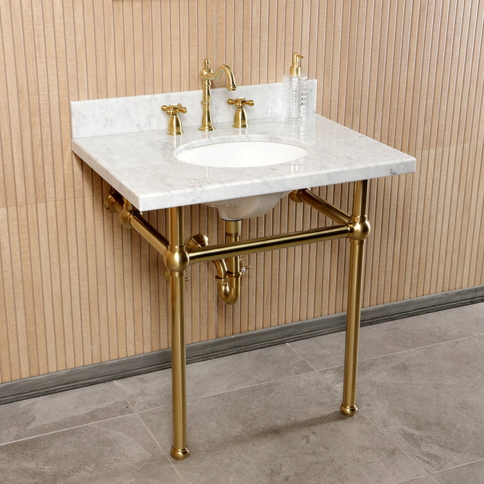 Templeton CKVPB3030MB7 30-Inch Carrara Marble Console Sink Set with Widespread Bathroom Faucet and Plumbing Trim Kit (8-Inch, 3-Hole), Carrara Marble White/Brushed Brass