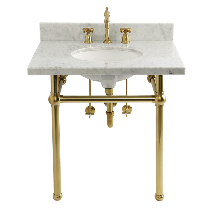 Templeton CKVPB3030MB7 30-Inch Carrara Marble Console Sink Set with Widespread Bathroom Faucet and Plumbing Trim Kit (8-Inch, 3-Hole), Carrara Marble White/Brushed Brass