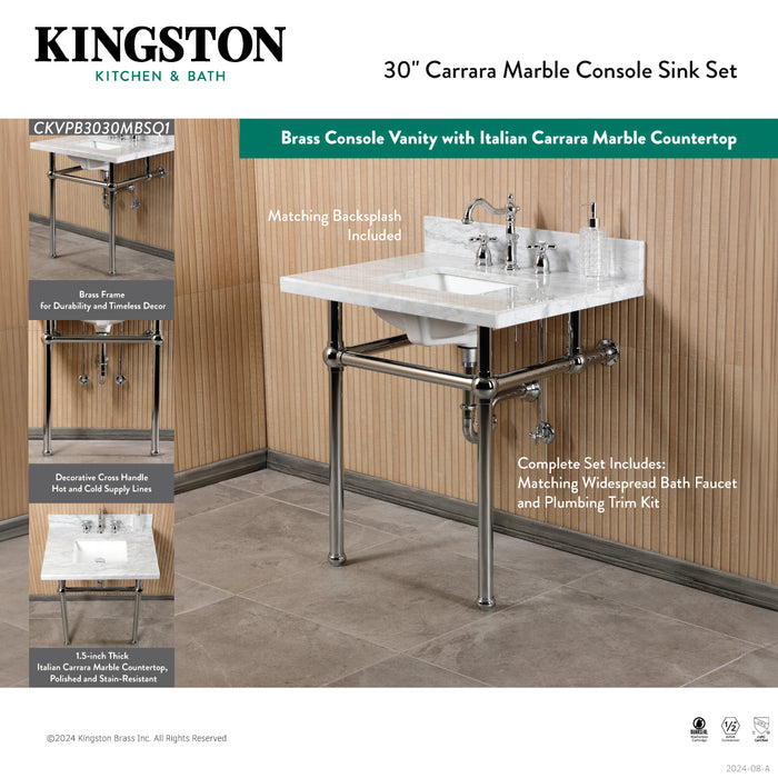 Templeton CKVPB3030MBSQ1 30-Inch Carrara Marble Console Sink Set with Widespread Bathroom Faucet and Plumbing Trim Kit (8-Inch, 3-Hole), Carrara Marble White/Polished Chrome