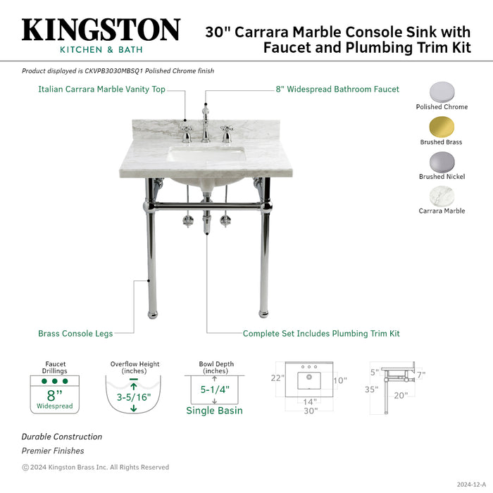 Templeton CKVPB3030MBSQ1 30-Inch Carrara Marble Console Sink Set with Widespread Bathroom Faucet and Plumbing Trim Kit (8-Inch, 3-Hole), Carrara Marble White/Polished Chrome