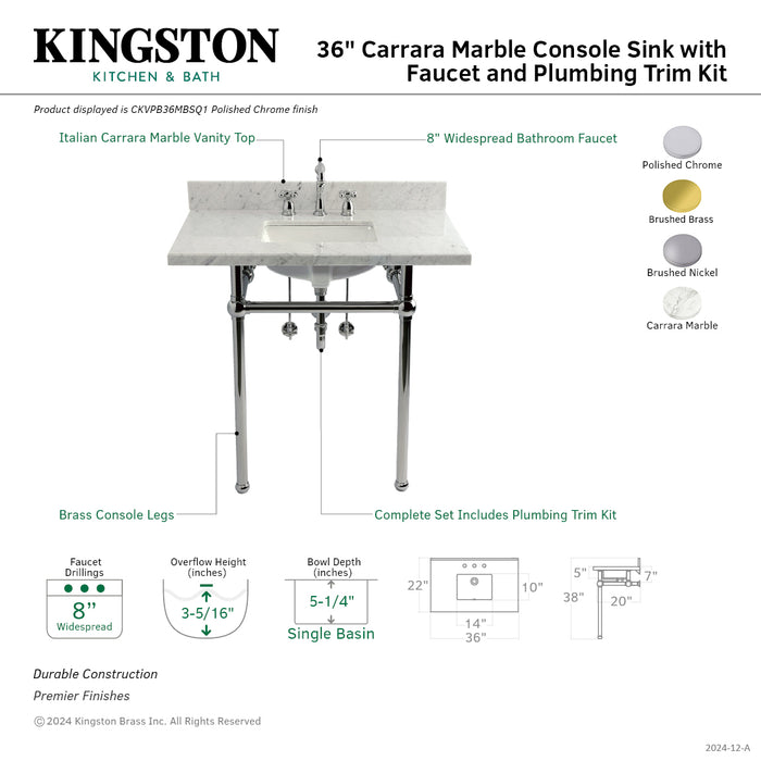 Templeton CKVPB36MBSQ8 36-Inch Carrara Marble Console Sink Set with Widespread Bathroom Faucet and Plumbing Trim Kit (8-Inch, 3-Hole), Carrara Marble White/Brushed Nickel