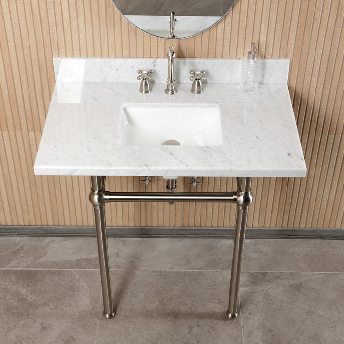 Templeton CKVPB36MBSQ8 36-Inch Carrara Marble Console Sink Set with Widespread Bathroom Faucet and Plumbing Trim Kit (8-Inch, 3-Hole), Carrara Marble White/Brushed Nickel