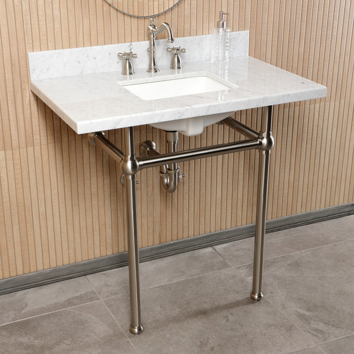 Templeton CKVPB36MBSQ8 36-Inch Carrara Marble Console Sink Set with Widespread Bathroom Faucet and Plumbing Trim Kit (8-Inch, 3-Hole), Carrara Marble White/Brushed Nickel