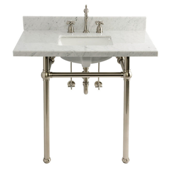 Templeton CKVPB36MBSQ8 36-Inch Carrara Marble Console Sink Set with Widespread Bathroom Faucet and Plumbing Trim Kit (8-Inch, 3-Hole), Carrara Marble White/Brushed Nickel