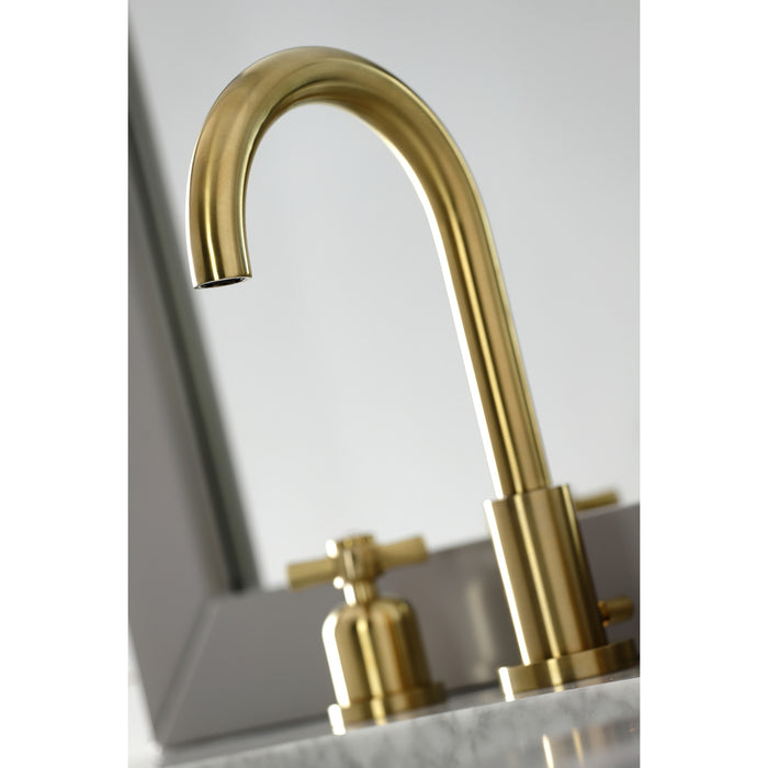 Millennium FSC8923ZX Two-Handle 3-Hole Deck Mount Widespread Bathroom Faucet with Brass Pop-Up Drain, Brushed Brass