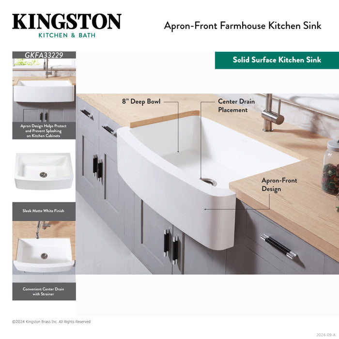 Arcticstone GKFA33229 33-Inch Solid Surface White Stone Apron-Front Single Bowl Farmhouse Kitchen Sink, Matte White