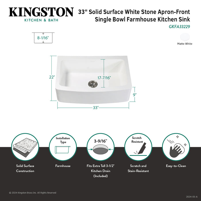 Arcticstone GKFA33229 33-Inch Solid Surface White Stone Apron-Front Single Bowl Farmhouse Kitchen Sink, Matte White