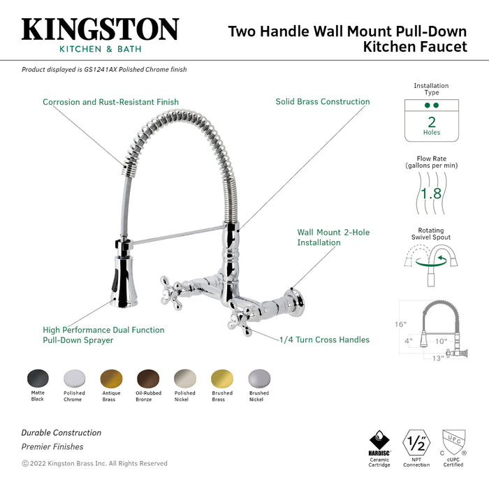 Heritage GS1240AX Double-Handle 2-Hole Wall-Mount Pre-Rinse Bridge Kitchen Faucet, Matte Black