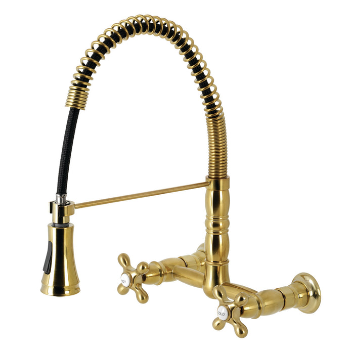 Heritage GS1247AX Double-Handle 2-Hole Wall-Mount Pre-Rinse Bridge Kitchen Faucet, Brushed Brass