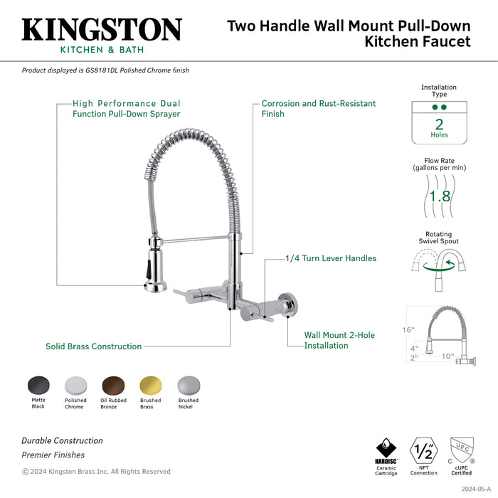 Concord GS8181DL Double-Handle 2-Hole Wall-Mount Pre-Rinse Bridge Kitchen Faucet, Polished Chrome