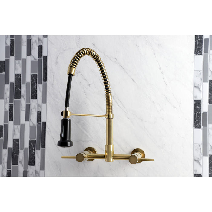 Concord GS8187DL Double-Handle 2-Hole Wall-Mount Pre-Rinse Bridge Kitchen Faucet, Brushed Brass