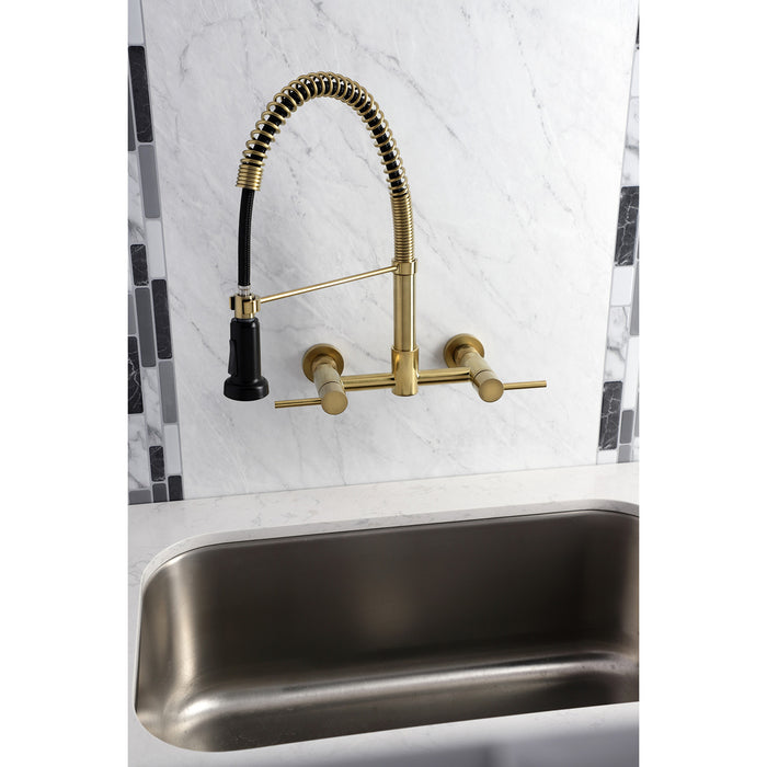 Concord GS8187DL Double-Handle 2-Hole Wall-Mount Pre-Rinse Bridge Kitchen Faucet, Brushed Brass