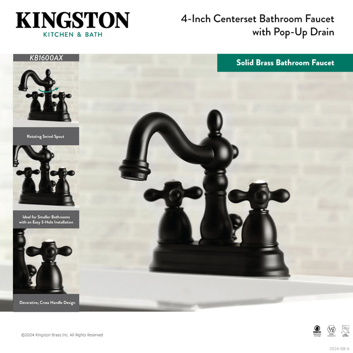 Heritage KB1600AX Double-Handle 3-Hole Deck Mount 4-Inch Centerset Bathroom Faucet with Pop-Up Drain, Matte Black