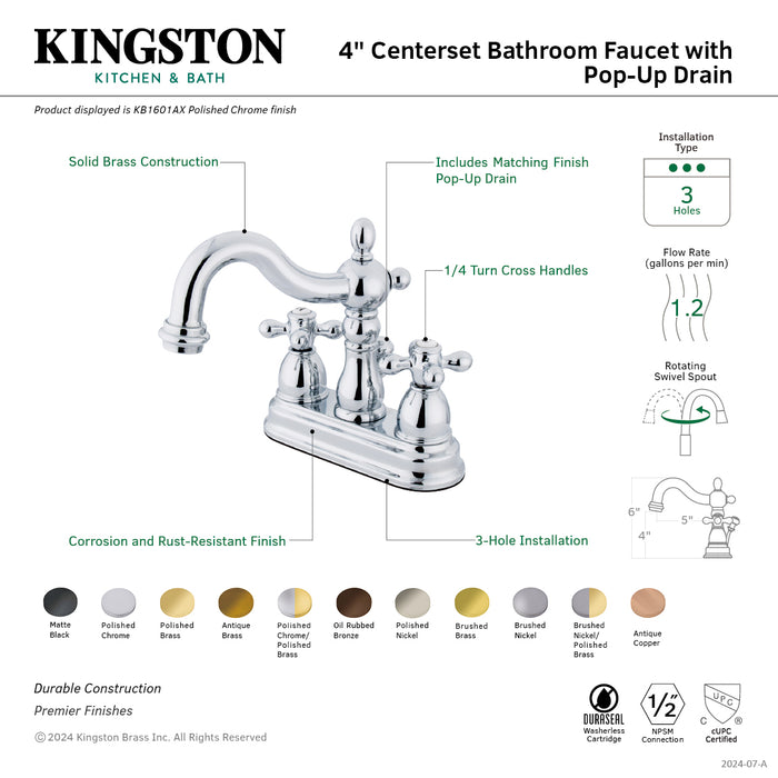 Heritage KB1600AX Double-Handle 3-Hole Deck Mount 4-Inch Centerset Bathroom Faucet with Pop-Up Drain, Matte Black