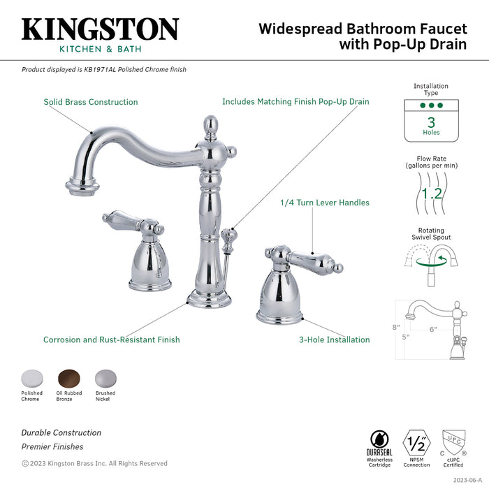 Heritage KB1971AL Two-Handle 3-Hole Deck Mount Widespread Bathroom Faucet with Pop-Up Drain, Polished Chrome