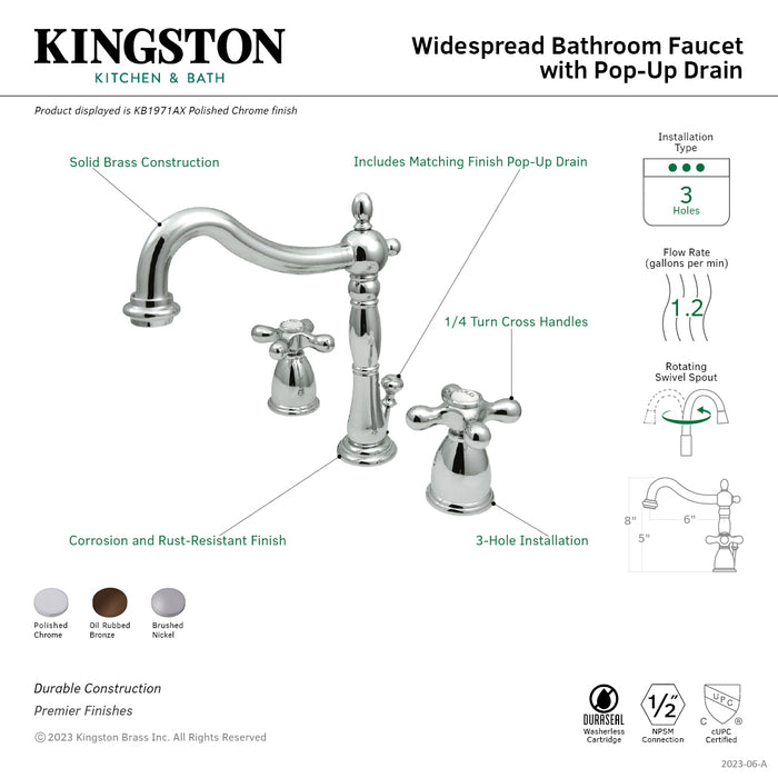 Heritage KB1971AX Two-Handle 3-Hole Deck Mount Widespread Bathroom Faucet with Retail Pop-Up Drain, Polished Chrome