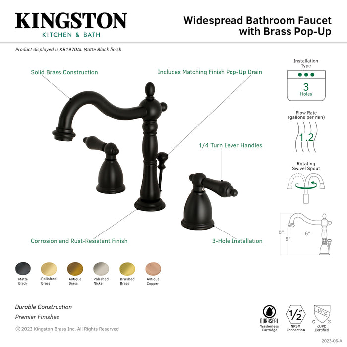 Heritage KB1972AL Two-Handle 3-Hole Deck Mount Widespread Bathroom Faucet with Brass Pop-Up, Polished Brass