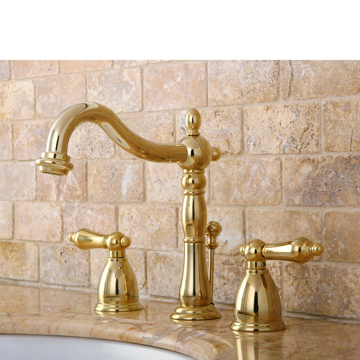 Heritage KB1972AL Two-Handle 3-Hole Deck Mount Widespread Bathroom Faucet with Brass Pop-Up, Polished Brass