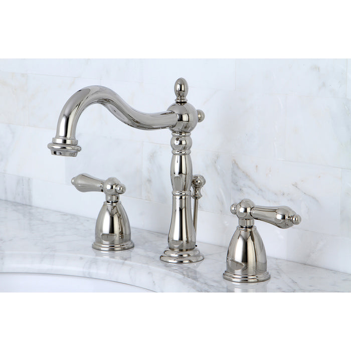 Heritage KB1976AL Two-Handle 3-Hole Deck Mount Widespread Bathroom Faucet with Brass Pop-Up, Polished Nickel