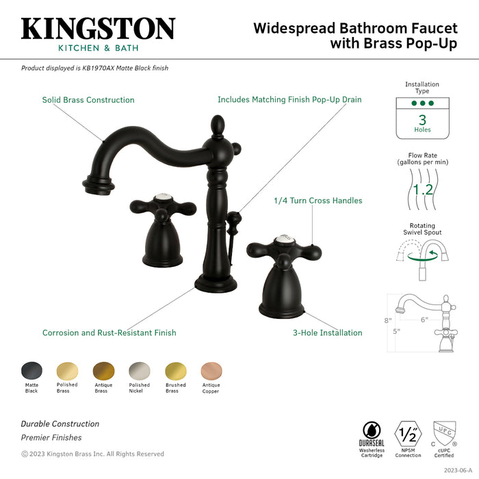 Heritage KB1976AX Two-Handle 3-Hole Deck Mount Widespread Bathroom Faucet with Brass Pop-Up Drain, Polished Nickel