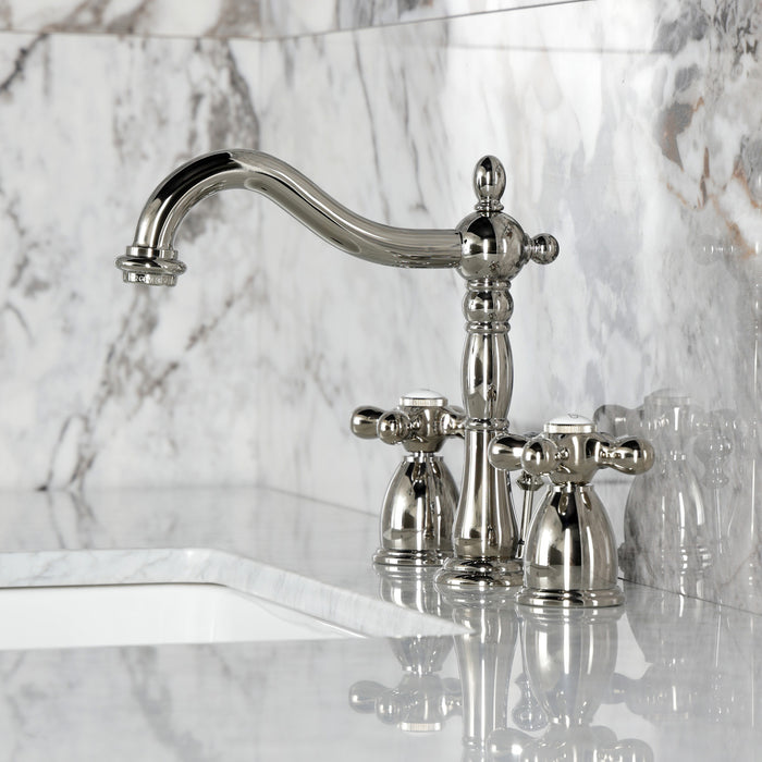 Heritage KB1976AX Two-Handle 3-Hole Deck Mount Widespread Bathroom Faucet with Brass Pop-Up Drain, Polished Nickel
