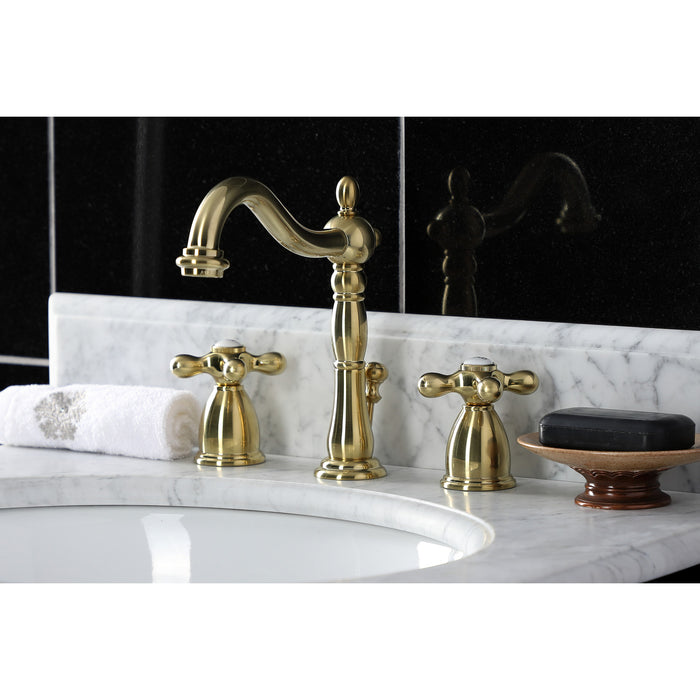 Heritage KB1977AX Two-Handle 3-Hole Deck Mount Widespread Bathroom Faucet with Brass Pop-Up Drain, Brushed Brass