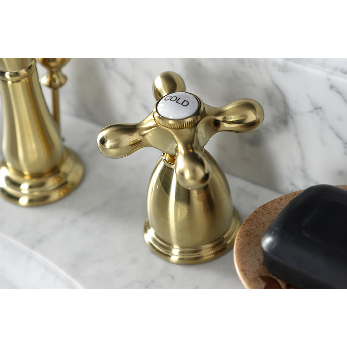 Heritage KB1977AX Two-Handle 3-Hole Deck Mount Widespread Bathroom Faucet with Brass Pop-Up Drain, Brushed Brass