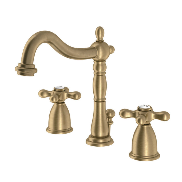 Heritage KB1977AX Two-Handle 3-Hole Deck Mount Widespread Bathroom Faucet with Brass Pop-Up Drain, Brushed Brass