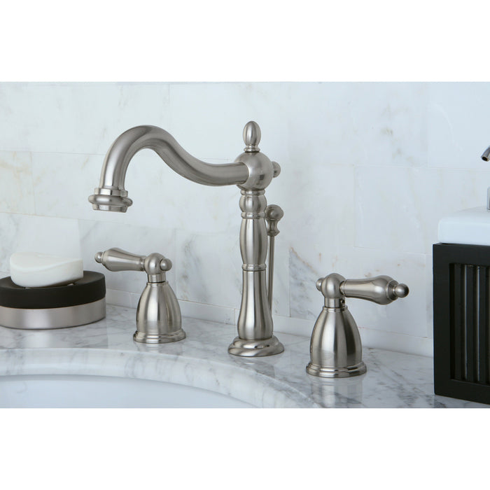 Heritage KB1978AL Two-Handle 3-Hole Deck Mount Widespread Bathroom Faucet with Pop-Up Drain, Brushed Nickel