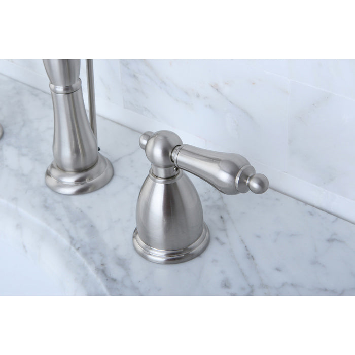 Heritage KB1978AL Two-Handle 3-Hole Deck Mount Widespread Bathroom Faucet with Pop-Up Drain, Brushed Nickel