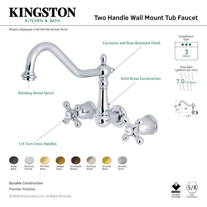 Heritage KS1027AX Two-Handle 3-Hole Wall Mount Roman Tub Faucet, Brushed Brass