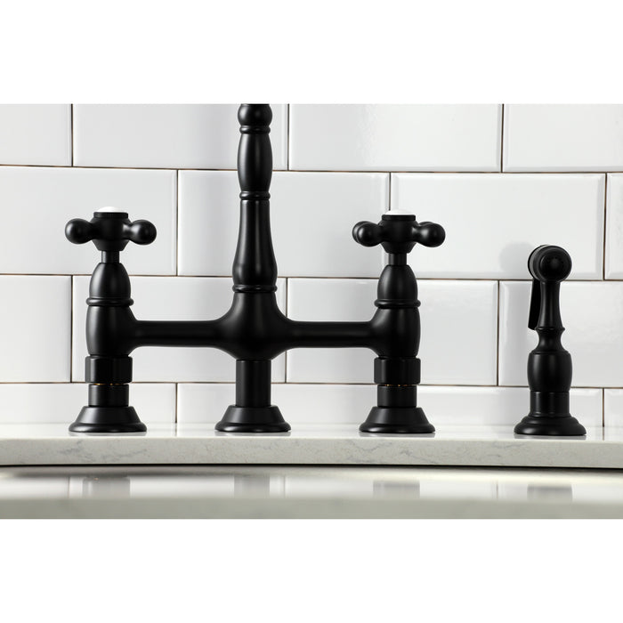 Heritage KS1270AXBS Two-Handle 4-Hole Deck Mount Bridge Kitchen Faucet with Brass Side Sprayer, Matte Black