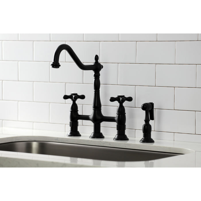 Heritage KS1270AXBS Two-Handle 4-Hole Deck Mount Bridge Kitchen Faucet with Brass Side Sprayer, Matte Black