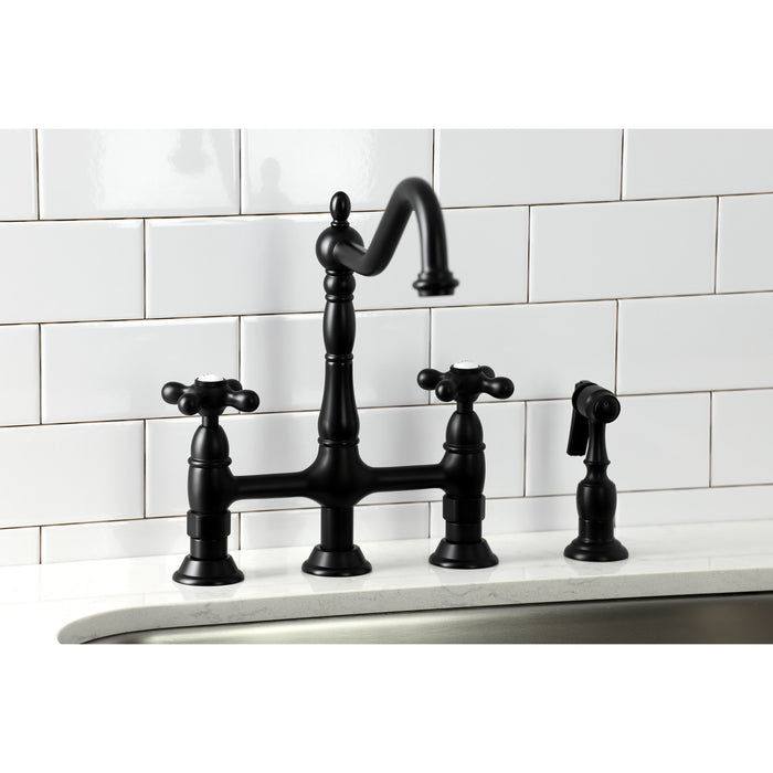 Heritage KS1270AXBS Two-Handle 4-Hole Deck Mount Bridge Kitchen Faucet with Brass Side Sprayer, Matte Black