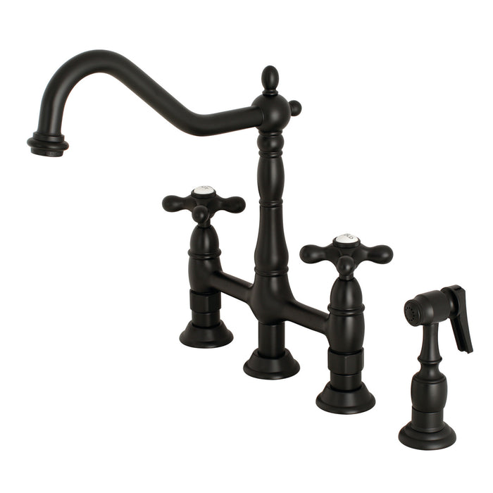 Heritage KS1270AXBS Two-Handle 4-Hole Deck Mount Bridge Kitchen Faucet with Brass Side Sprayer, Matte Black