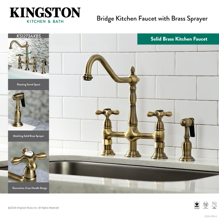 Heritage KS1273AXBS Two-Handle 4-Hole Deck Mount Bridge Kitchen Faucet with Brass Side Sprayer, Antique Brass