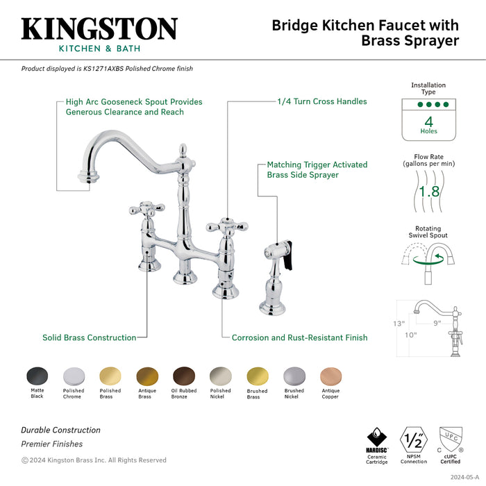 Heritage KS1273AXBS Two-Handle 4-Hole Deck Mount Bridge Kitchen Faucet with Brass Side Sprayer, Antique Brass