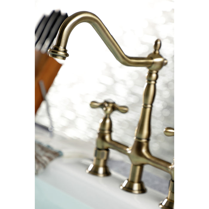 Heritage KS1273AXBS Two-Handle 4-Hole Deck Mount Bridge Kitchen Faucet with Brass Side Sprayer, Antique Brass