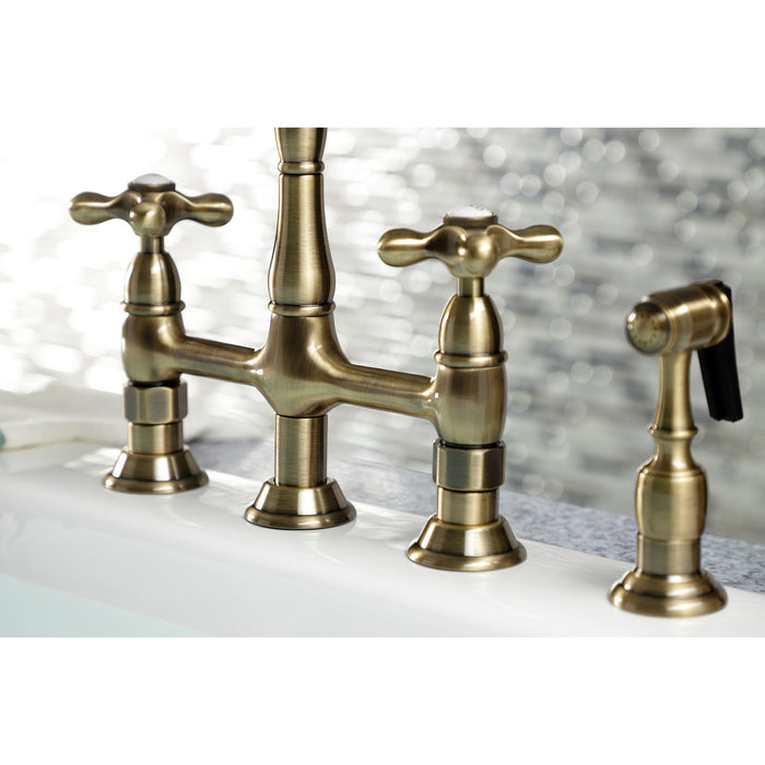 Heritage KS1273AXBS Two-Handle 4-Hole Deck Mount Bridge Kitchen Faucet with Brass Side Sprayer, Antique Brass